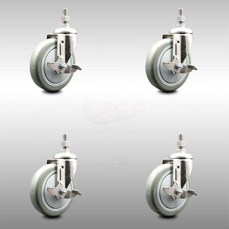 Service Caster 5 Inch 316SS Gray Polyurethane Swivel 1/2 Inch Threaded Stem Caster Set Brake SCC SCC-SS316TS20S514-PPUB-TLB-121315-4